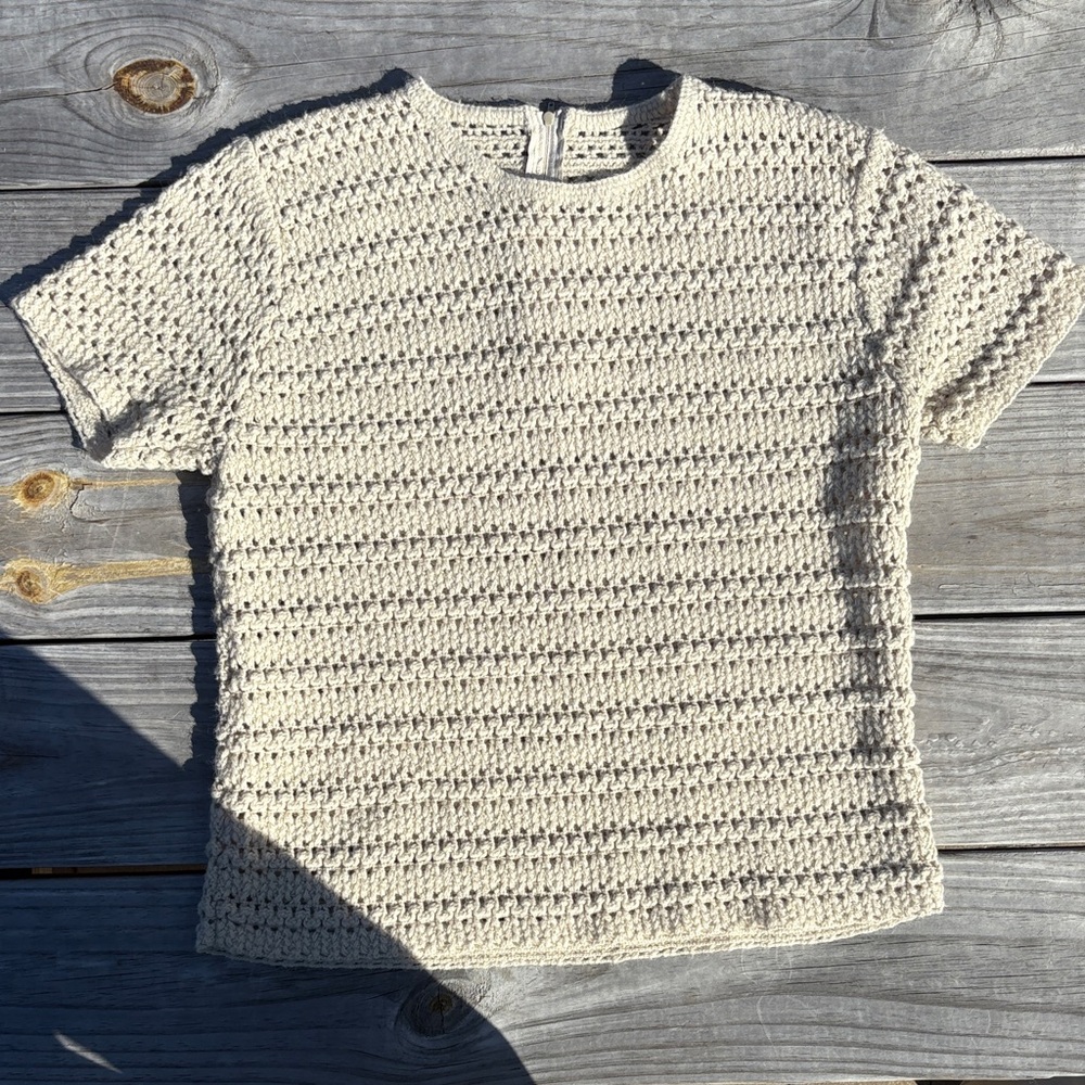 Beige short sleeve crochet knit top